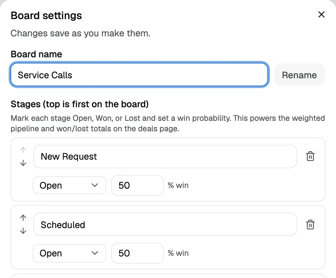 Board settings: each stage with a name, an Open, Won or Lost chooser, and a win percentage.