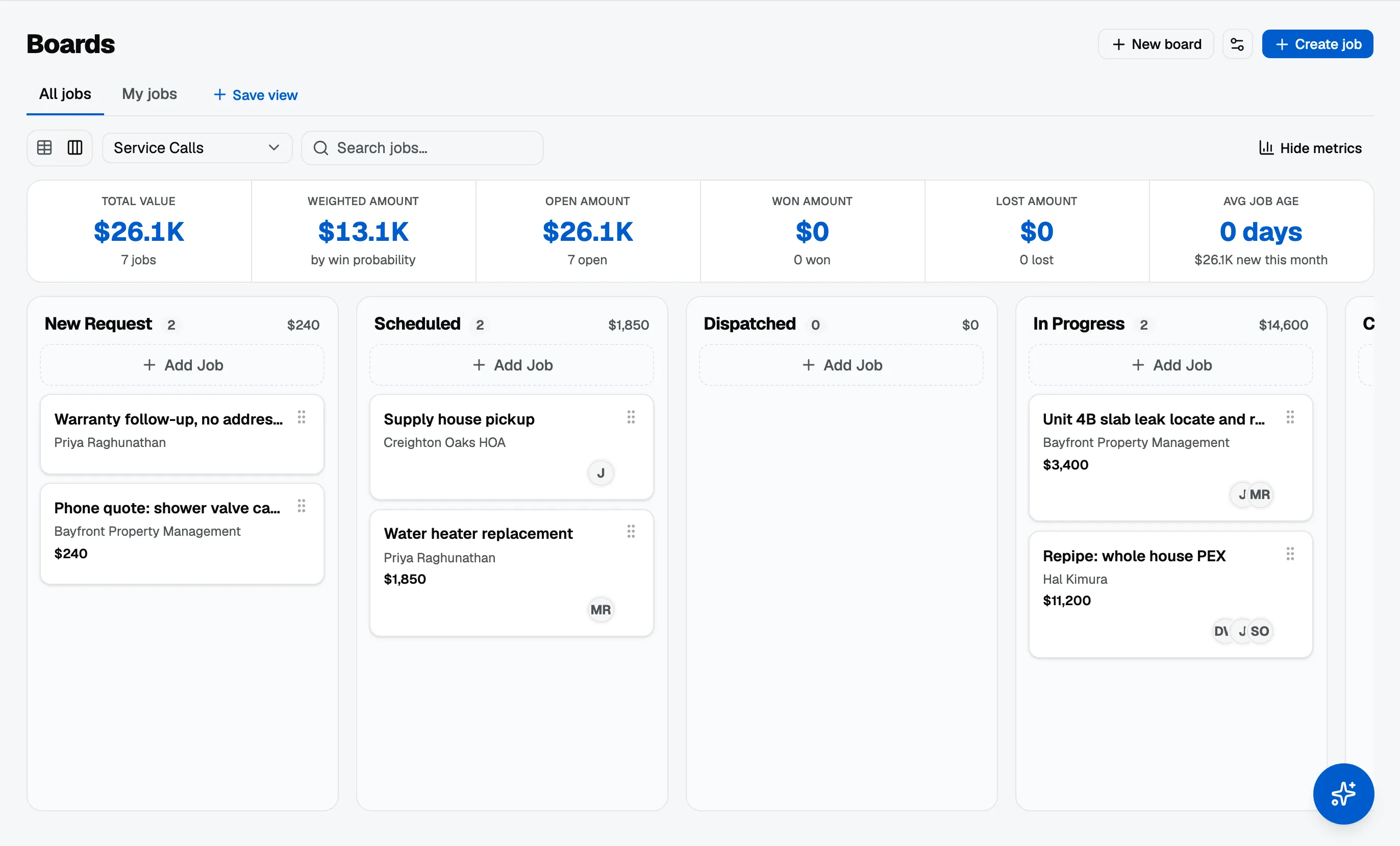 A board in column view: New Request, Scheduled, Dispatched and In Progress stages, each with its job count and total, and job cards showing the customer and value.