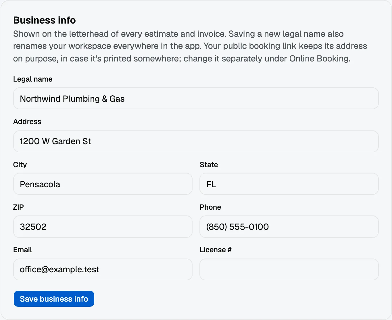 The Business info card: legal name, address, city, state, ZIP, phone and email, above a Save button.