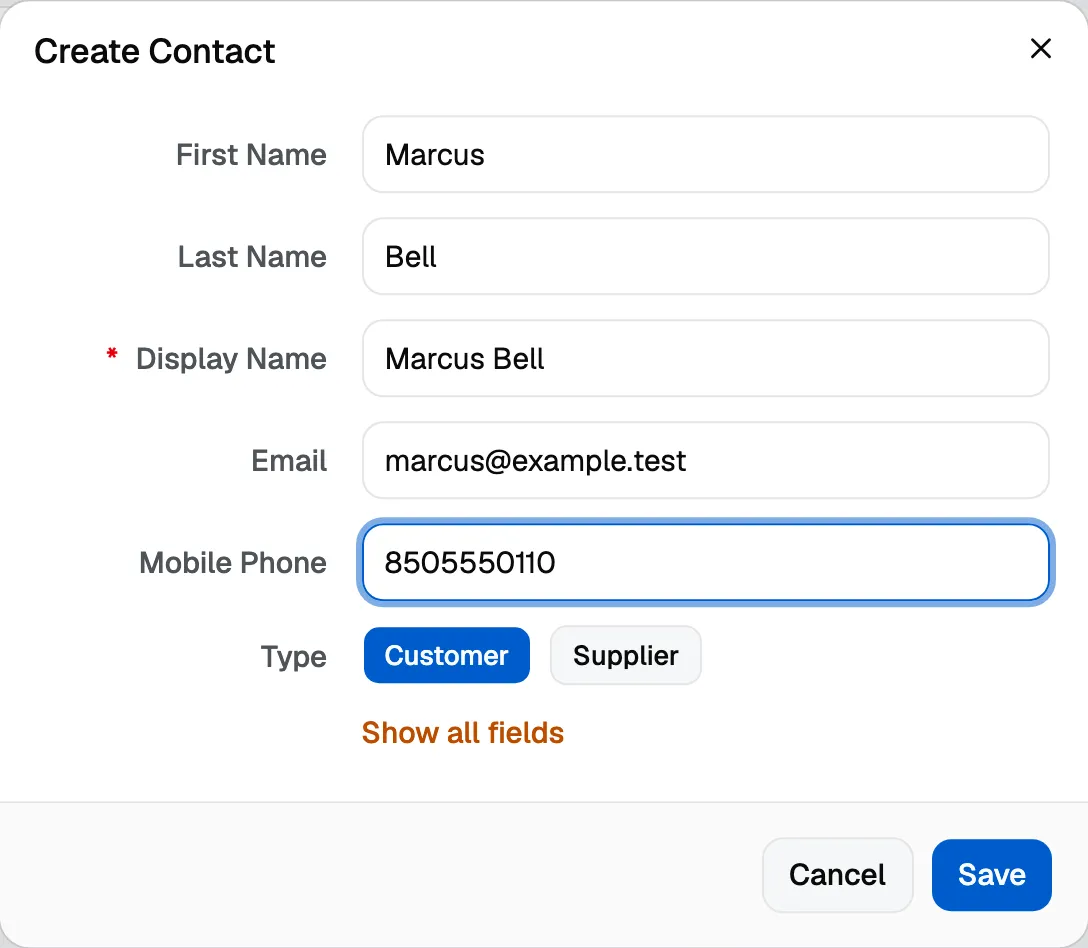 The Create Contact dialog, with first and last name filled in and Display Name completed automatically from them.