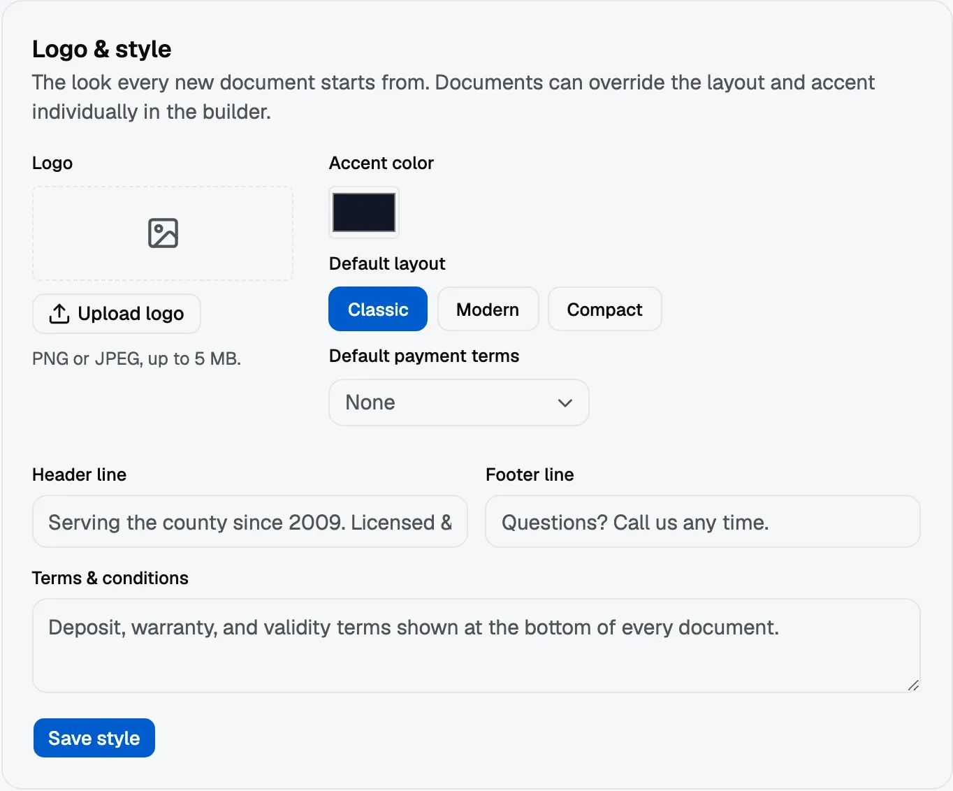 The Logo and style card: a logo upload, an accent colour, the default layout and the payment terms a new document starts with.