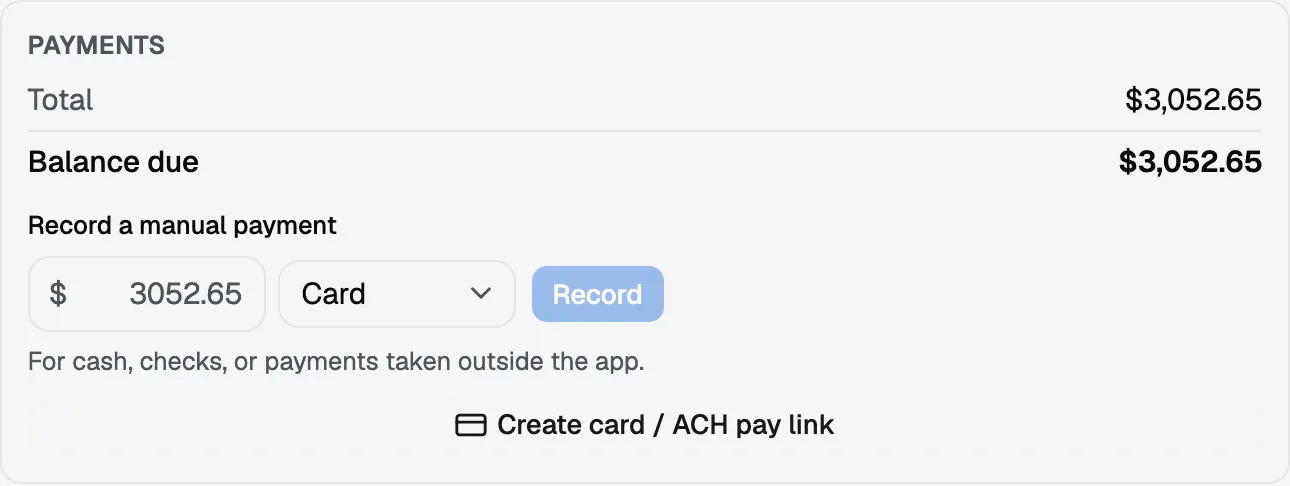 The Payments panel on an invoice, showing the balance due and the Create card / ACH pay link button beneath it.