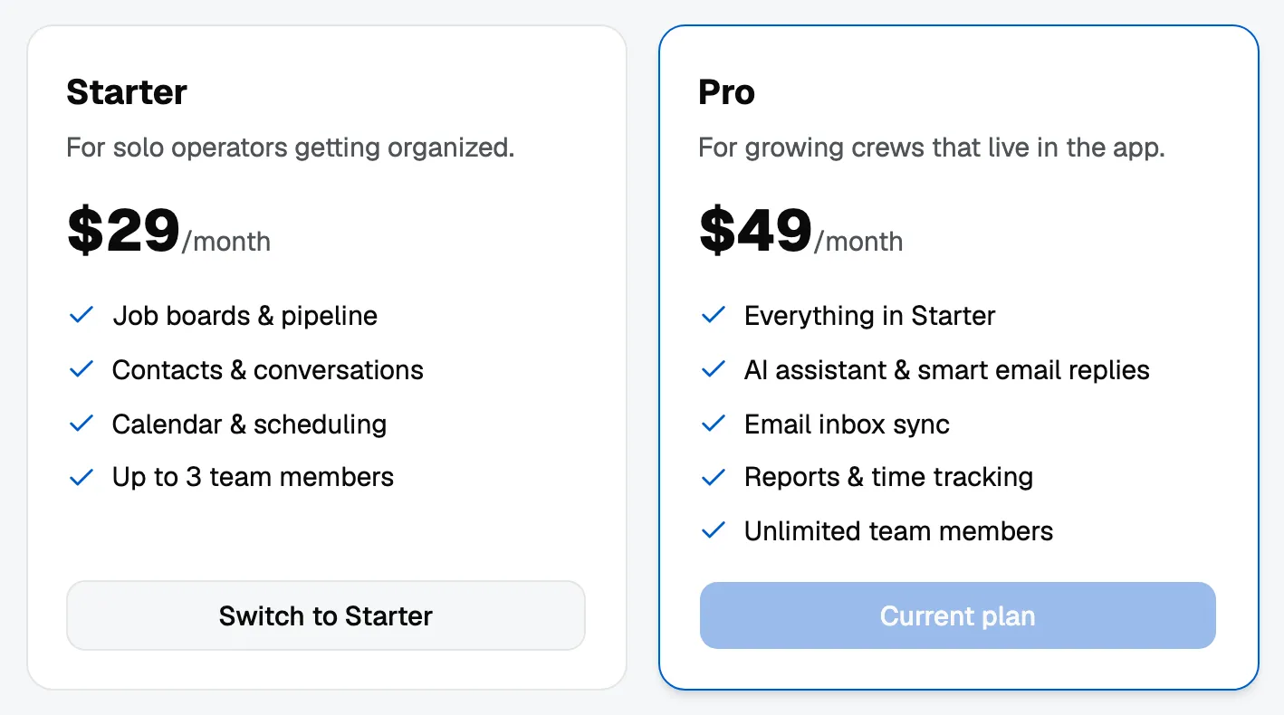 The two plan cards on the billing page, each listing what it includes.