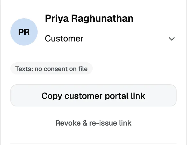 A contact record showing Copy customer portal link, with Revoke and re-issue link directly beneath it.
