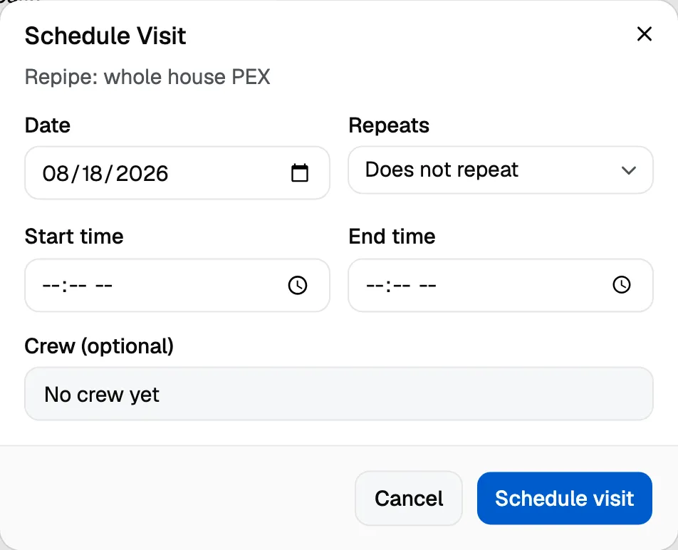 The Schedule Visit dialog with a date filled in and both time fields left empty, which books the whole day.