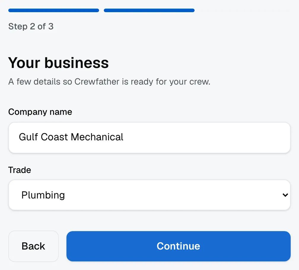 Step 2 of the setup wizard, Your business, with a company name filled in and a trade chosen from the list.