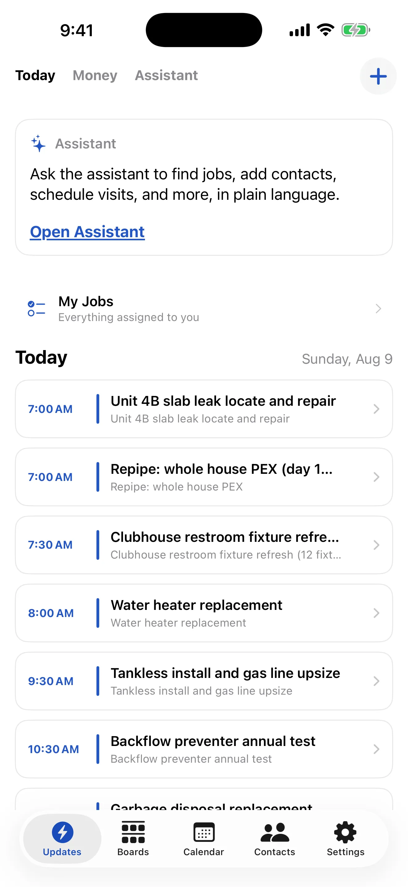 The Today tab on iPhone, listing the day’s visits in time order with the My Jobs shortcut above them.