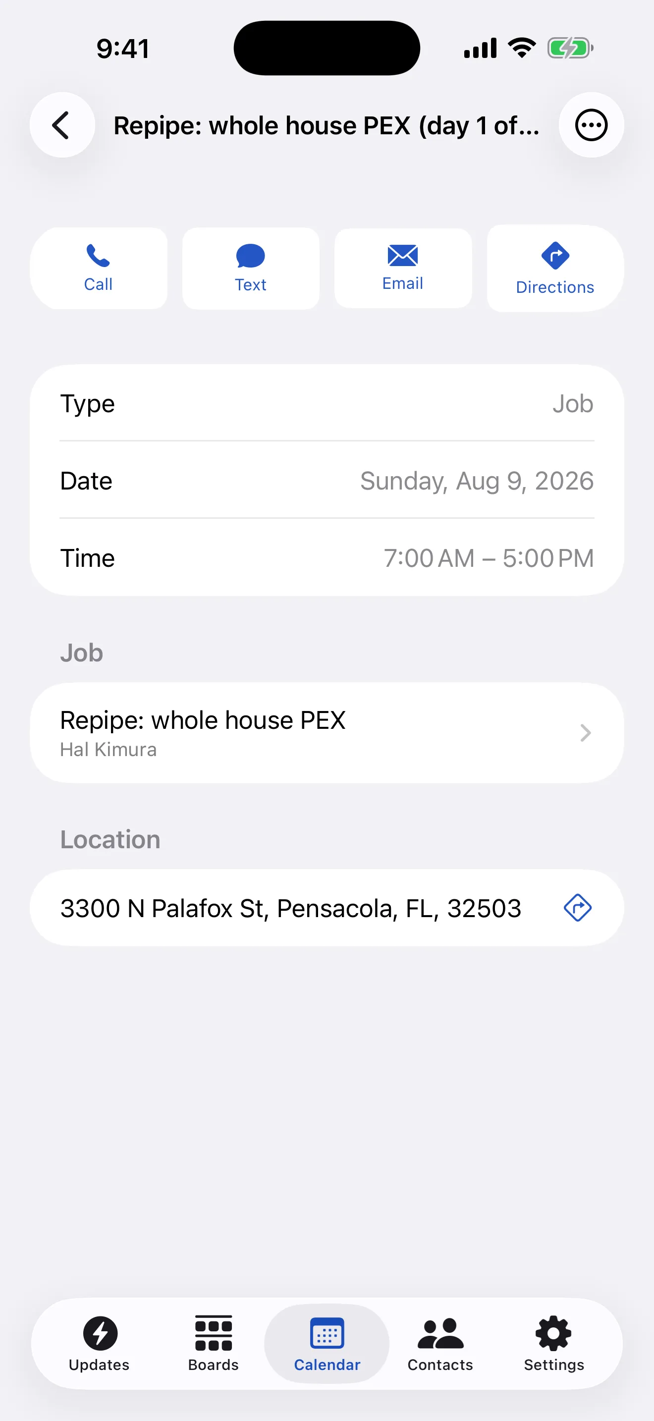 A visit open on iPhone, showing the customer, the address and the task list for that stop.